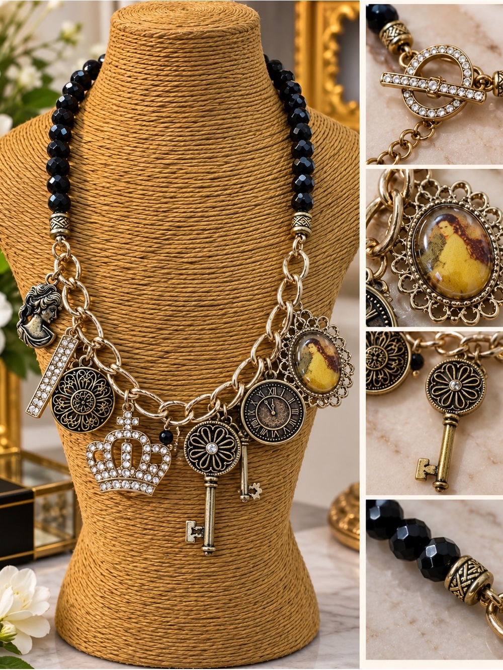 Vintage-Inspired Gold and Black Charm Necklace with Crown and Key Pendants